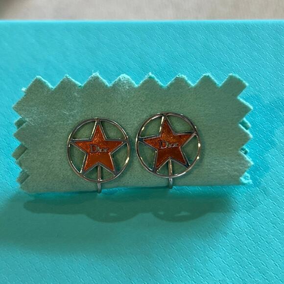 Christian DIOR Star Logo Silver Tone with Gold Tone Clip On Earrings Authentic - Picture 2 of 9